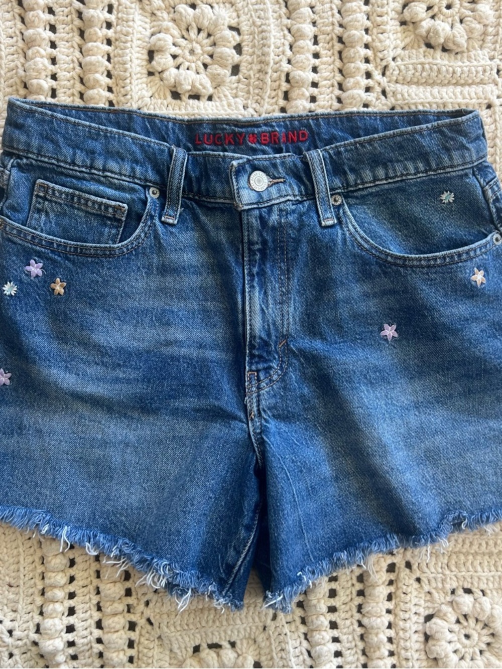 Lucky Brand Blue Denim Embroidered Flower Jean Shorts